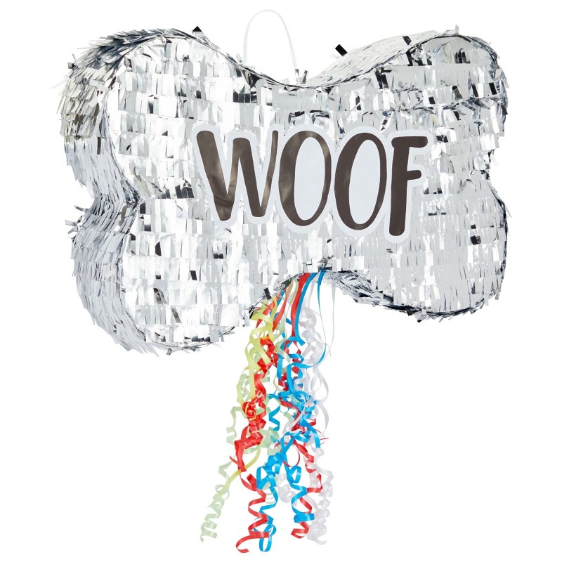 BLUE PANDA Dog Pinata Pull String Bone-Shaped - Small, 16.8 x 10 x 3 in, Silver Foil - Dog Birthday Pinata for Puppy Party - Party Decor & Birthday Decorations - Image 1